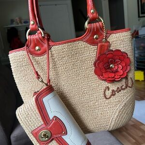 SoldCoach natural straw Vermilion red large leather floral tote